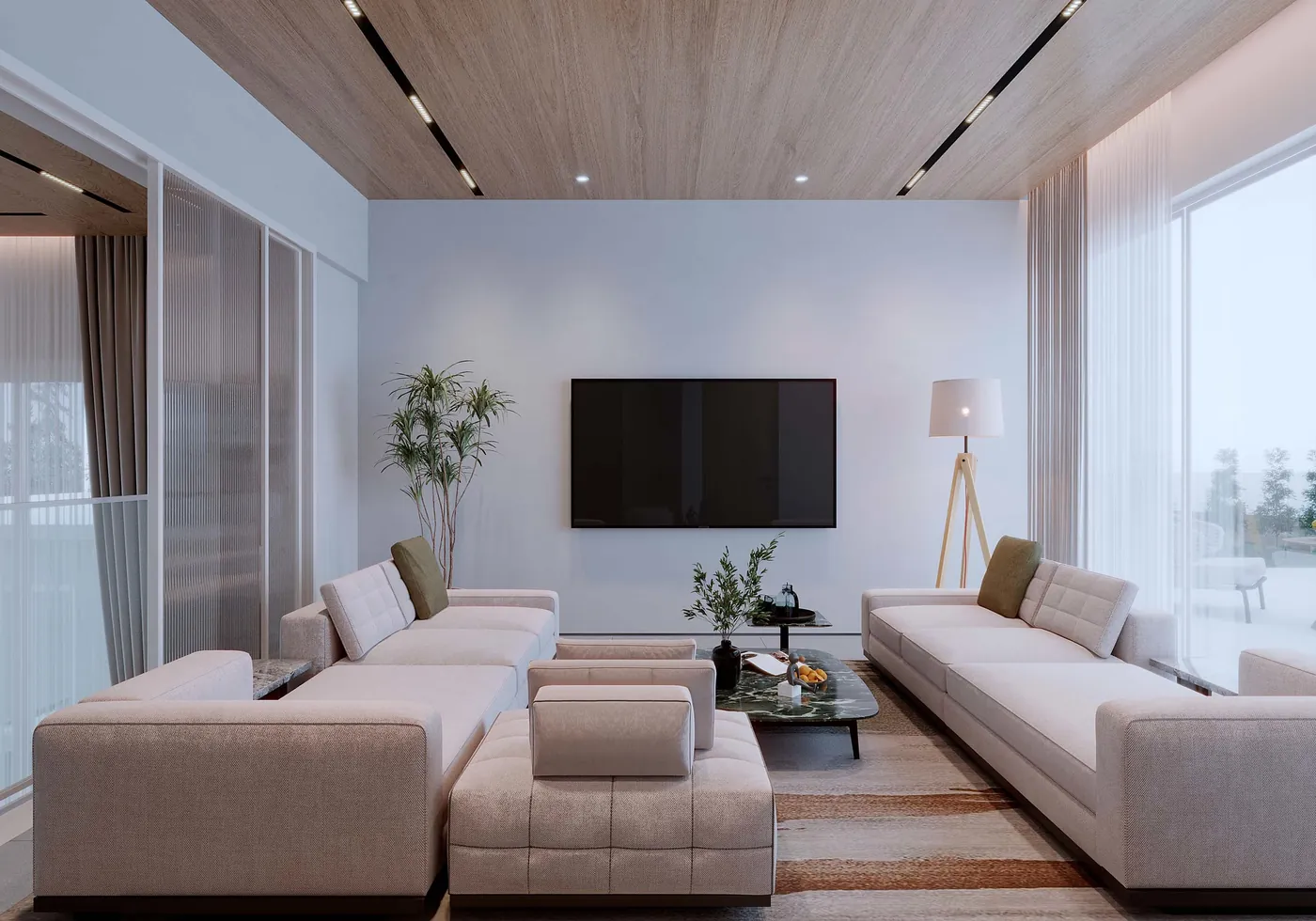 A living room in a Piramal NextGen villa at Talavde, Alibaug, rendered in 3D