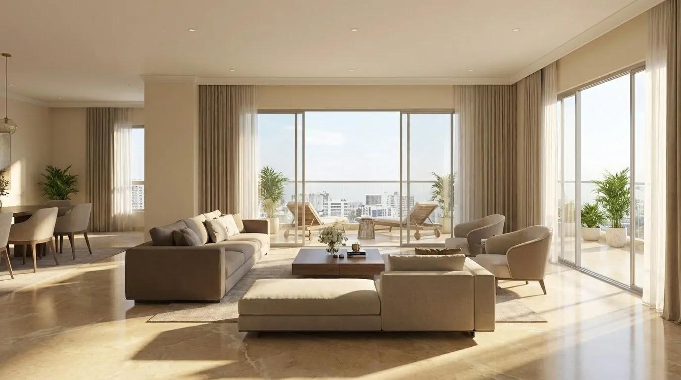 Living room of a luxury apartment by day, interior visual for Arkade Builders