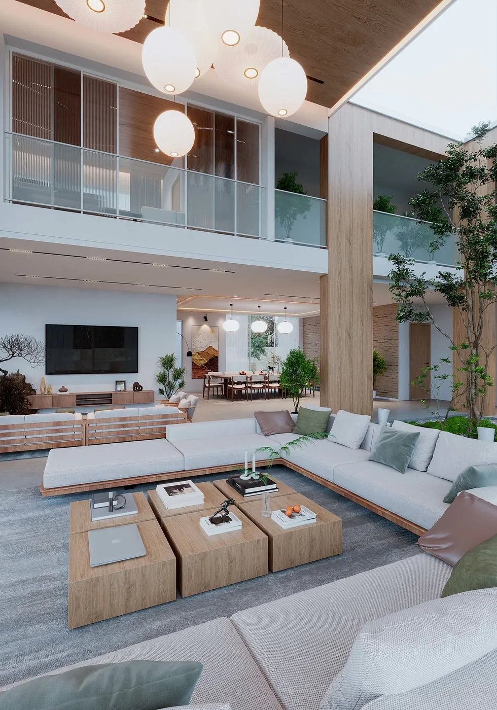 A living room in a Piramal NextGen villa at Talavde, Alibaug, rendered in 3D