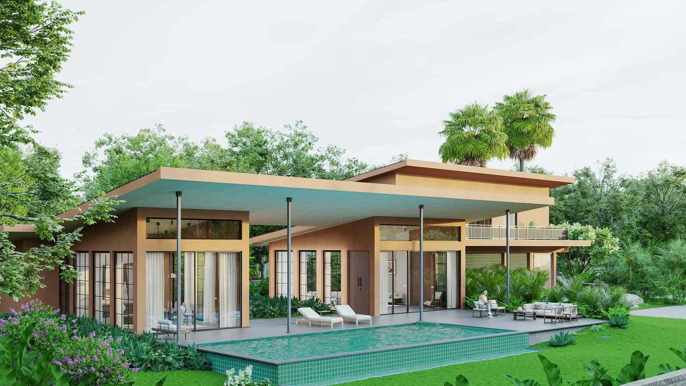 Villa Mehr exterior with pool, Alibaug, 3D architectural render