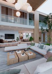 A living room in a Piramal NextGen villa at Talavde, Alibaug, rendered in 3D